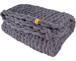 Chunky Knit Blanket - knuffeldeken voor bed, bank, stoel (110 x 180 cm) - mooie woondecoratie, zacht veganistisch chenillegaren, sprei (leigrijs)