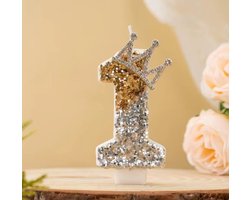 Cijferkaars 1 jaar - Verjaardagskaarsje Taart - Kaarsje 1 jaar verjaardag - Goud Zilver - Glitters en Kroontje