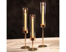 Cilinder Kandelaars - Kaarshouders Set - Sfeer Verhogend - Windbestendig Glas - 3 Stuks 34-45cm - Transparant Goud