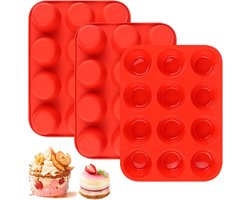 Cilinder siliconen mal - 3 verpakkingen ronde cilindervorm - ronde snoepchocoladevorm - handgemaakte zeep siliconen mal - bakvorm voor mini-muffin - cake - gelei - dessert - ijsblokje (12 holten) - rood