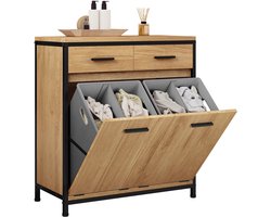 CINK & Co Badkamerkast met 2 wasmanden - Wasmandkast met 2 lades - Uitneembare waszakken - Licht eikenlook en zwart - 72,5 x 34 x 80 cm
