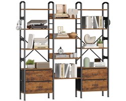 CINK & Co Boekenkast 158 cm - 12 planken en 4 stoffen lades - Rustiekbruin en zwart - 158 x 24 x 166 cm
