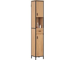 CINK & Co Hoge Badkamerkast 180 cm - Met Lade en 2 Verstelbare Planken - 2 Deuren en Open Vak - Zwart en Licht Eiken - 30 x 30 x 180 cm
