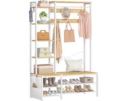 CINK & Co Kapstok met Schoenenbank - Halmeubel met 9 Dubbele Haken, Kledingstang en Schoenenopslag voor 13-14 Paar - Wit en Houtkleur