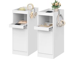 CINK & Co Nachtkastjes set van 2 - Smalle nachtkastjes met deur, open vak en 2 haken - Wit - 35 x 24 x 64 cm