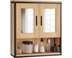 CINK & Co Spiegelkast badkamer - 2 spiegeldeuren en open vak - Verstelbare plank - Licht eiken en zwart - 56 cm breed