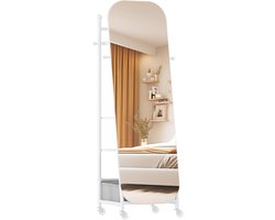 CINK & Co® Staande Passpiegel met Kledingrek en Opbergbox - Op Wielen en 360° Draaibaar - Wit - 50x45x165 cm
