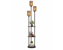 CINK & Co Vloerlamp met 2 Planken - 3-Lichts E27 met Rotan Kappen - Met Voetschakelaar - Zwart en Houtkleur - 30 x 30 x 180 cm