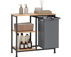 CINK & Co Wasmand met opbergrek - Uittrekbare waszak en 4 planken - Zwart en licht eikenhoutlook - 31 liter