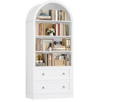 CINK Home® Boekenkast met Lades en Boogdesign - 6-Laags Opbergkast, Vitrinekast en Open Boekenrek - Wit - 177 x 79,5 x 36 cm