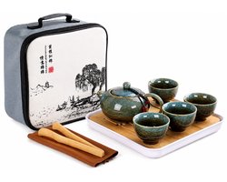 CINK Home® Chinese Theeset met Reistas – 6-delig Porseleinen Tea Set – Inclusief Theepot & 4 Theekopjes – Portable Kung Fu Theeservies - Blauw