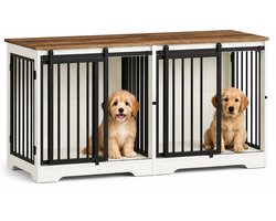 CINK Home Dubbele Hondenbench Meubel - Houten Bench voor 2 Honden - Met Scheidingswand en Schuifdeuren - Wit en Bruin