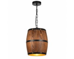 CINK Home Hanglamp E27 - Hout en Metaal - Ketting 10 tot 90 cm - Tonvormige Retro Plafondlamp - Bruin - 24 x 24 x 30 cm