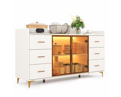 CINK Home – Luxe Dressoir 160×44×87 cm met LED-verlichting – 6 Lades & Glazen Deuren – Woonkamerkast Wit/Goud – Moderne Opbergkast MDF & Gehard Glas