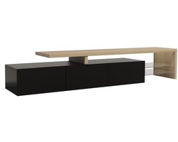 CINK Home – Moderne TV-meubel 200×39×42 cm met LED-verlichting – Zwart/Houtkleur – Moderne Woonkamerkast met 3 Kasten & Glazen Planken – Mediameubel