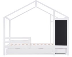 CINK Kids® Kinderbed met Dakframe – 90x200 cm – Massief Hout & MDF – Inclusief 2 Laden & Schoolbordpaneel – Zolderbed voor Jongens en Meisjes – Wit