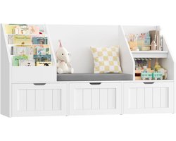 CINK Kids® Kinderboekenkast met Zitbank en Opbergbakken – Speelgoedkast Kinderkamer – Boekendisplay met 4 Lades op Wielen – Wit – 140 cm