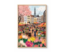 CINK Living® Amsterdam Bloemenmarkt Canvas Schilderij 50x70 cm – Kleurrijke Amsterdam Poster – Nederlandse Stad Kunst – Watercolor Wanddecoratie voor Woonkamer & Slaapkamer