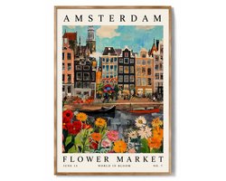 CINK Living® Amsterdam Flower Market Canvas – Kleurrijke Bloemenmarkt Poster – Amsterdam Grachten Wanddecoratie – Nederlandse Stad Print – 60x80 cm