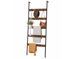 CINK Living Dekenladder 178 cm - Met 5 Niveaus en 5 Haken - Handdoekladder van Hout en Metaal - Inclusief Anti-kantelset - Bruin en Zwart - 178 x 65 cm