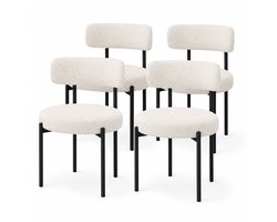 CINK Living® Eetkamerstoelen Set van 4 - Japandi Stoelen met Teddy Stof, Rugleuning en Zwarte Metalen Poten - Wit