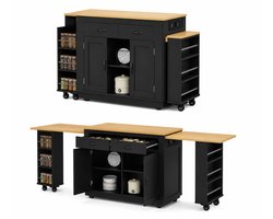 CINK Lux Keukeneiland 142 tot 340 cm - Uitschuifbaar en Verrijdbaar - Met 2 Stopcontacten, 2 USB-Poorten en 2 Lades - Eettafel met Opbergruimte - Zwart