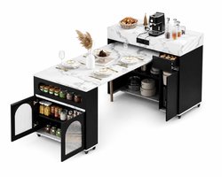 CINK Lux Keukeneiland 80-137,5 cm - Uitschuifbaar met Stopcontact - Verrijdbaar met Opbergkast en Lade - Marmerlook - Zwart - 80-137,5 x 60 x 90 cm