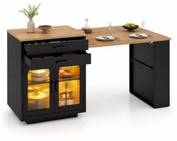 CINK Lux® Keukeneiland met Uitschuifbaar Blad (126–196 cm) – LED RGB Verlichting – 2 Lades & Opbergkast – Zwart MDF – Verrijdbaar Keukenkast