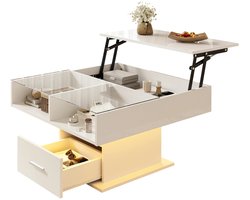 CINK Lux® Salontafel met LED-Verlichting en Lift-Up - Hoogglans Koffietafel met Verstelbare Hoogte en Verborgen Opbergruimte - 78 x 78 cm