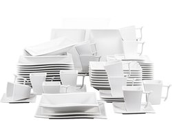 CINK Lux Serviesset 60-delig - Porselein voor 12 Personen - Model FLORA - Vierkant - Met Dinerborden, Soepborden, Dessertborden, Kopjes en Schotels - Wit - Oven-, Magnetron- en Vaatwasserbestendig