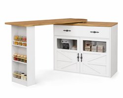 CINK Lux Uitschuifbare Bartafel 138 tot 204 cm - 360° Draaibaar - Keukeneiland met Lade, Kast en 3-Laags Rek - Draagvermogen 60 kg - Wit