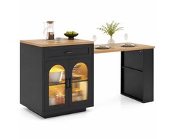 CINK Lux Verrijdbaar keukeneiland - Uitschuifbaar werkblad 126-196 cm - RGB-led - 2 lades en opbergkast - Zwart - 126-196 x 59 x 94 cm