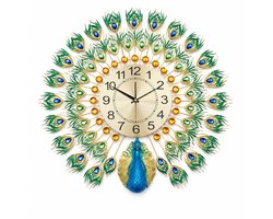 CINK Lux Wandklok met pauwendesign en slinger - Metaal - Goudkleurig, groen en blauw - 60 x 60 cm