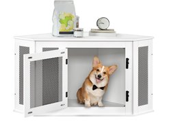 CINK Pets® Hoek Hondenbench Meubel – Luxe Houten Kennel voor Kleine & Middelgrote Honden – TV Meubel & Binnenkooi – Wit – Dubbele Veiligheidssluiting