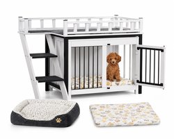 CINK Pets® Luxe Hondenbench Meubel met Trap, Hondenbed & Ligkussen – Dubbele Deur Houten Hondenkooi voor Binnen – Wit/Zwart