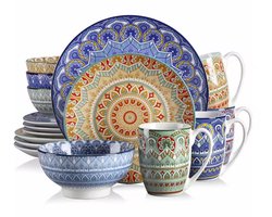 CINK® Tableware – Luxe Serviesset - Bohemian Mandala – 16-delig – Porselein – Geometrisch Patroon – Dinerborden, Dessertborden, Kommen & Mokken