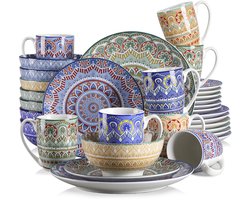 CINK Tableware – Luxe Serviesset - Bohemian Mandala – 32-delig – Porselein – Geometrisch Patroon – Dinerborden, Dessertborden, Kommen & Mokken
