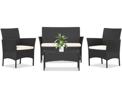 CINKTerras 4-delige Rotan Tuinmeubelset – Loungeset met Bank, Stoelen & Glazen Tafel – Weerbestendig – Zwart – Voor Tuin, Balkon of Patio