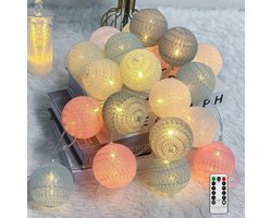Ciskotu katoenen ballen Lichtsnoer, 3,8M Lichtslinger, 20 LED USB Dimmable katoenen ballen lampenslinger met afstandsbediening en timer,LED ballen Lichtsnoer Indoor voor kinderkamer, Kerstmis, bruiloft, feest (Macaroon)