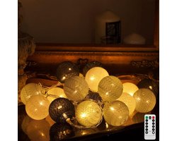 Ciskotu katoenen ballen Lichtsnoer, 3,8M Lichtslinger, 20 LED USB Dimmable katoenen ballen lampenslinger met afstandsbediening en timer,LED ballen Lichtsnoer Indoor voor kinderkamer, Kerstmis, bruiloft, feest (Grijs)