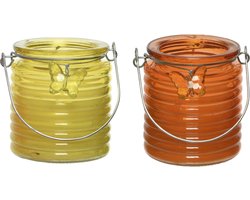 Citronella kaars - 2x - in windlicht - geel en oranje - 20 branduren - citrusgeur