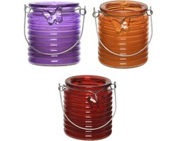 Citronella windlicht met kaars - 3x - paars/oranje en rood - 20 branduren - citrusgeur