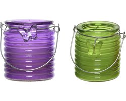 Citronella windlicht met kaars - paars en groen - 20 branduren - citrusgeur