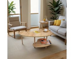City of Wood - Boonvormige salontafel met houten poten en twee planken – Tijdschriftenrek & krantenhouder - Beige