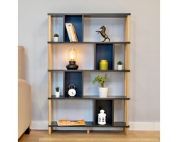 City of Wood - Hoge houten boekenkast met vijf planken – Moderne opbergruimte voor de woonkamer of thuiskantoor - Grijs