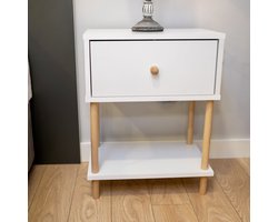 City of Wood - Modern Nachtkastje met Houten Poten, Dekblad en Organisator - Nachtkastje voor Slaapkamer - Wit
