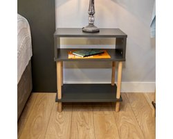 City of Wood - Modern Nachtkastje met Twee Planken - Open Opberg Nachtkastje met Houten Poten - Grijs