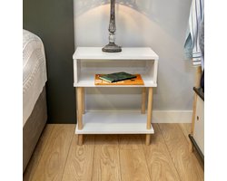 City of Wood - Modern Nachtkastje met Twee Planken - Open Opberg Nachtkastje met Houten Poten - Wit