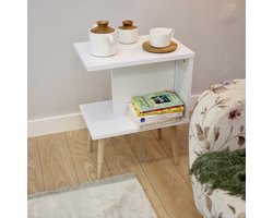 City of Wood - Moderne Bijzettafel met Houten Poten - Compacte Salontafel voor de Woonkamer - Wit