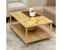 City of Wood - Rechthoekige salontafel met houten poten en twee planken, decoratief met tijdschriftenrek en krantenhouder - 90x60 - beige